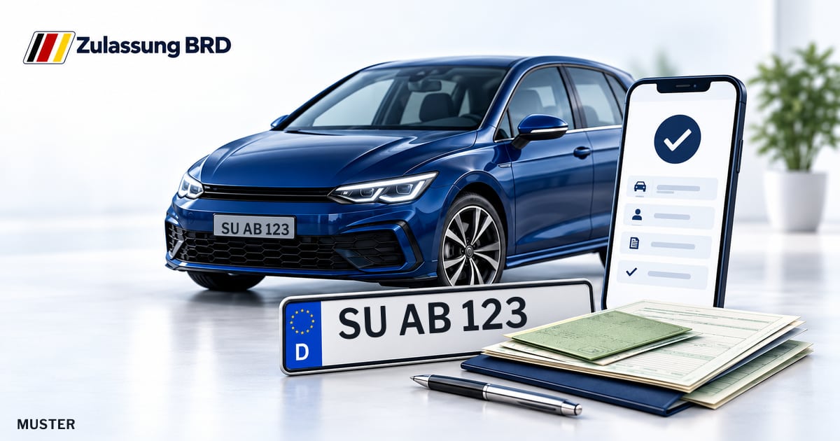 Online Fahrzeugzulassung in Rheinbach: Musterkennzeichen SU AB 123, Auto und Fahrzeugpapiere und Smartphone. Illustration mit Logo von Zulassung BRD.